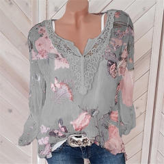 Plus Size V-neck Floral Print Tops Chiffon Shirts for Women PQOM9061B