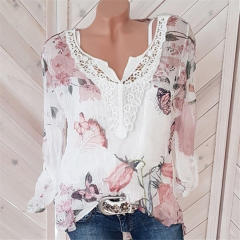 Chiffon Tops for Women Plus Size V-neck Floral Print Shirts PQOM9061D