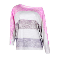 Loose Striped Printed Tops Round Neck Long Bat Sleeve T-shirt PQOM9088