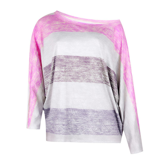 Loose Striped Printed Tops Round Neck Long Bat Sleeve T-shirt PQOM9088