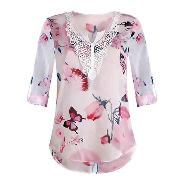 V-neck Floral Print Tops Chiffon Shirts for Women PQOM9061A