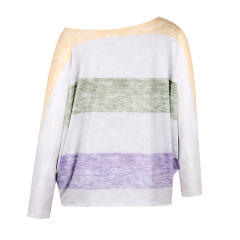 Loose Striped Printed Tops Round Neck Long Bat Sleeve T-shirt PQOM9088