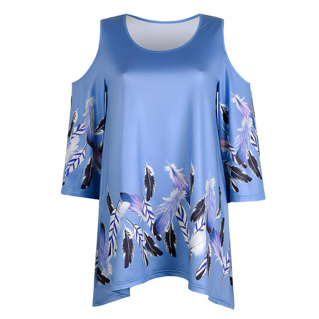 Loose Off-shoulder Tops Floral Printed Mid-length T-shirt for Women PQOM9069