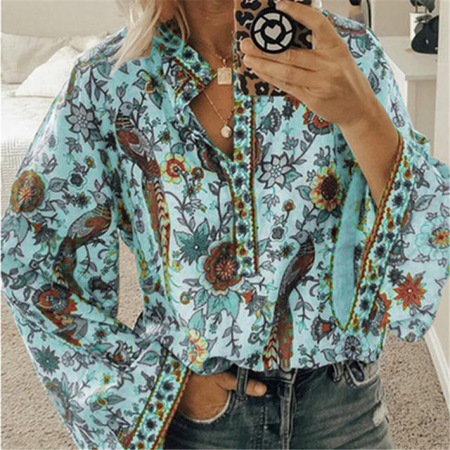 Plus Size Peacock Print Loose Shirt Button Autumn Long Sleeve Tops PQOM9070A