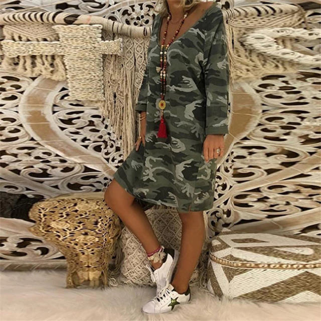 Loose V-neck Printed Dresses Long Sleeve Mid-length Casual Dress PQOM9109A