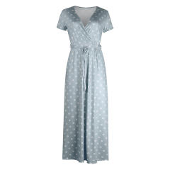 Short Sleeve Polka Dot Maxi Dress V-neck Vintage Dresses for Women PQOM9063