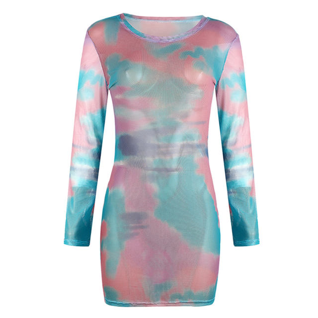 Gradient Color Sexy Dresses Slim Long Sleeve Mesh Print Dress PQOM9090