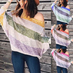 Loose Striped Printed Tops Round Neck Long Bat Sleeve T-shirt PQOM9088