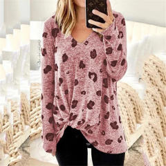 V-neck Printed Tops Twist Long Sleeve Women's T-shirt PQOM9107A
