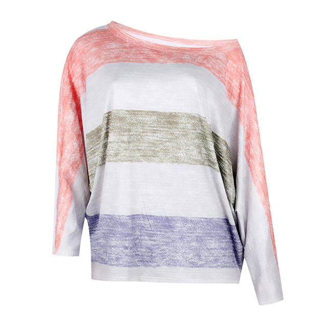 Loose Striped Printed Tops Round Neck Long Bat Sleeve T-shirt PQOM9088