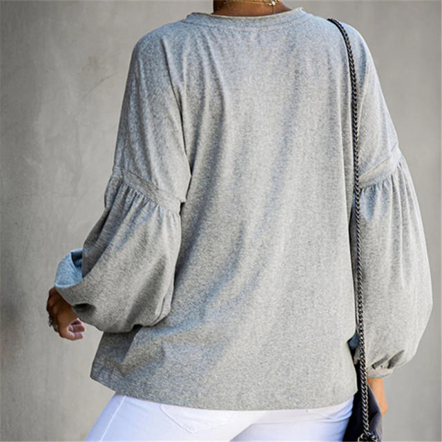 Round Neck Autumn Loose T-shirt Long Puff Sleeve Tops For Women PQOM9119D