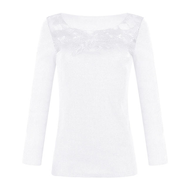 Lace Patchwork Autumn T-shirts Slim Solid Color Sexy Tops PQOM9168