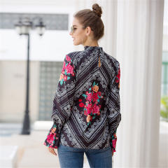 Stand Collar Floral Printed Tops Lantern Sleeve Shirt For Women PQOM9101B
