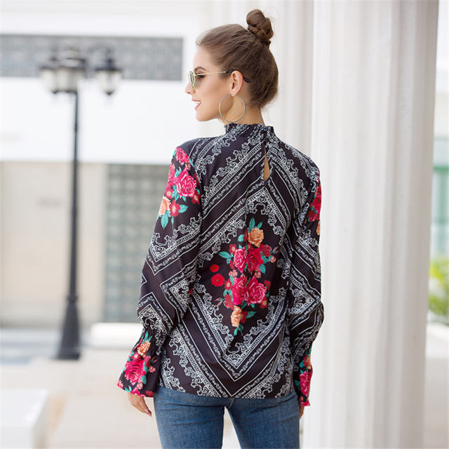 Stand Collar Floral Printed Tops Lantern Sleeve Shirt For Women PQOM9101B