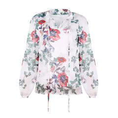 Loose Long Sleeve Tops Floral Printed Chiffon Shirt PQOM9118