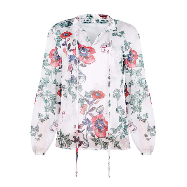 Loose Long Sleeve Tops Floral Printed Chiffon Shirt PQOM9118