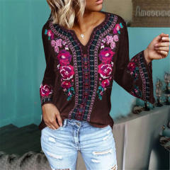 Long Sleeve Floral Printed T-shirt Loose Vintage Tops PQOM9171B