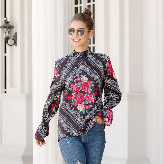 Stand Collar Floral Printed Tops Lantern Sleeve Shirt For Women PQOM9101B