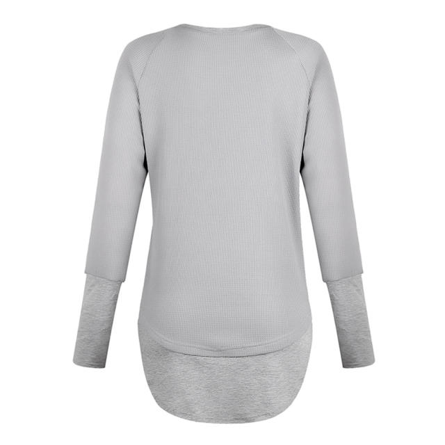 Solid Color V-neck Autumn Tops Long Sleeve Casual T-shirts PQOM9112