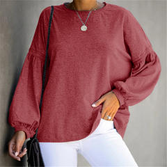 Round Neck Autumn Loose T-shirt Long Puff Sleeve Tops For Women PQOM9119D