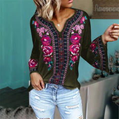 Floral Printed Retro Tops Long Sleeve Loose Vintage T-shirt PQOM9171E