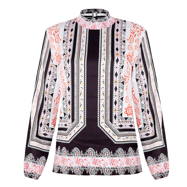 Autumn Retro Tops for Women Loose Long-sleeved Ethnic Printed Shirt PQOM9102