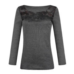Lace Patchwork Autumn T-shirts Slim Solid Color Sexy Tops PQOM9168