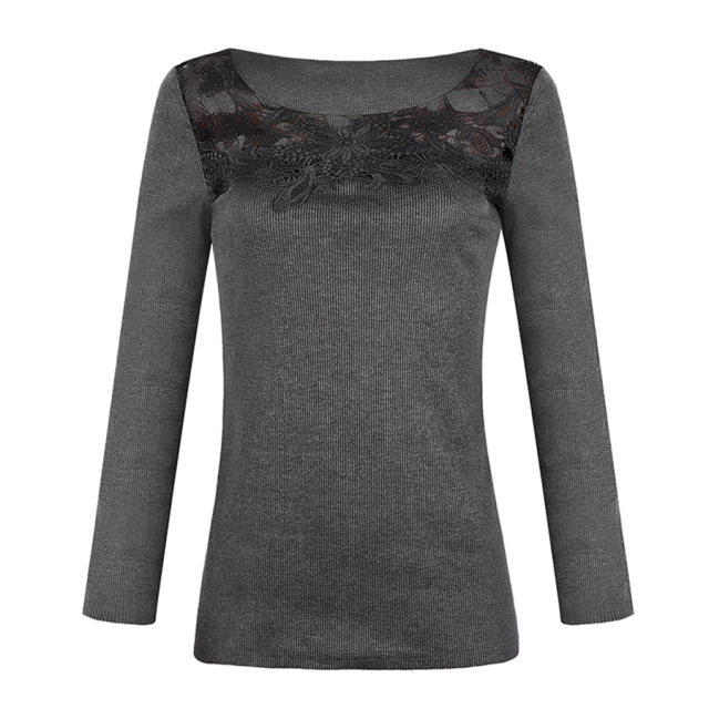 Lace Patchwork Autumn T-shirts Slim Solid Color Sexy Tops PQOM9168