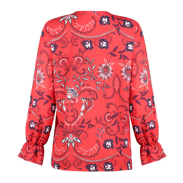 Long-sleeved Sexy Print Shirts Autumn V-neck Chiffon Blouses PQOM9106B