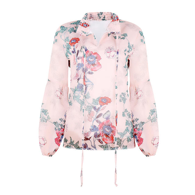 Loose Long Sleeve Tops Floral Printed Chiffon Shirt PQOM9118
