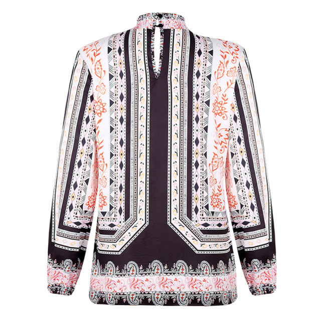 Autumn Retro Tops for Women Loose Long-sleeved Ethnic Printed Shirt PQOM9102