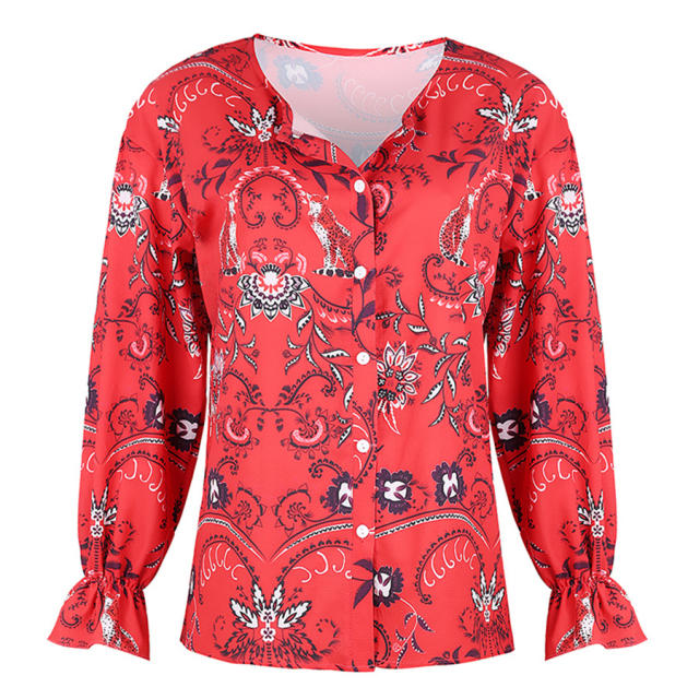 Long-sleeved Sexy Print Shirts Autumn V-neck Chiffon Blouses PQOM9106B