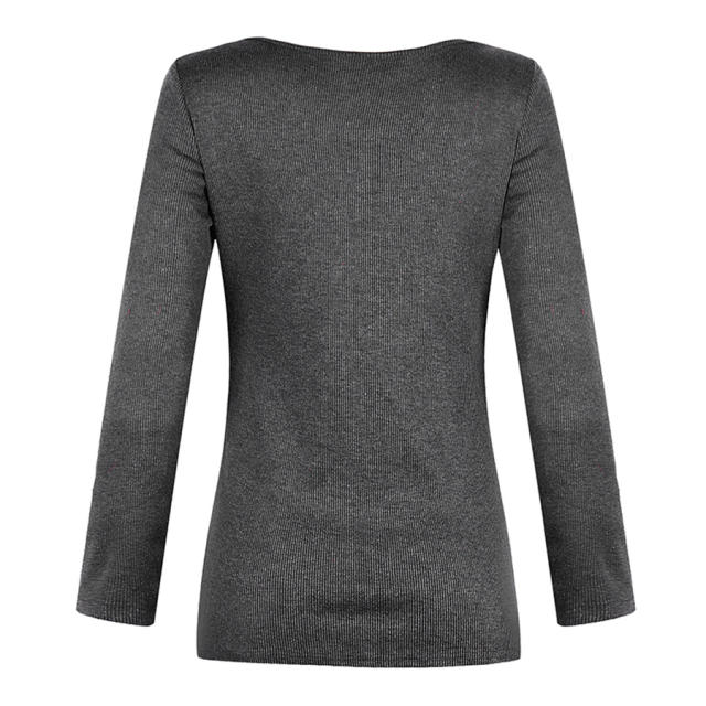 Lace Patchwork Autumn T-shirts Slim Solid Color Sexy Tops PQOM9168