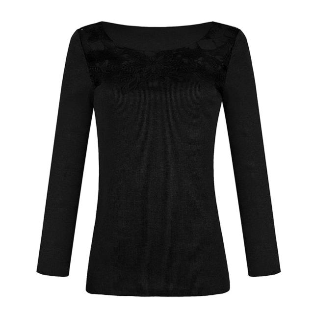 Lace Patchwork Autumn T-shirts Slim Solid Color Sexy Tops PQOM9168