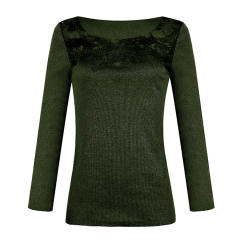 Lace Patchwork Autumn T-shirts Slim Solid Color Sexy Tops PQOM9168
