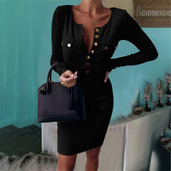 Round Neck Long Sleeve Autumn Mini Dress Sexy Bodycon Dresses PQOM9177A