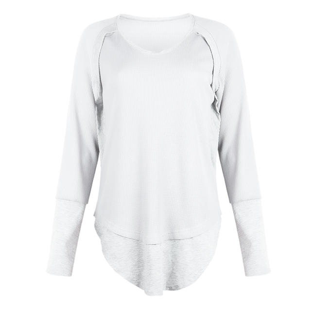 Solid Color V-neck Autumn Tops Long Sleeve Casual T-shirts PQOM9112