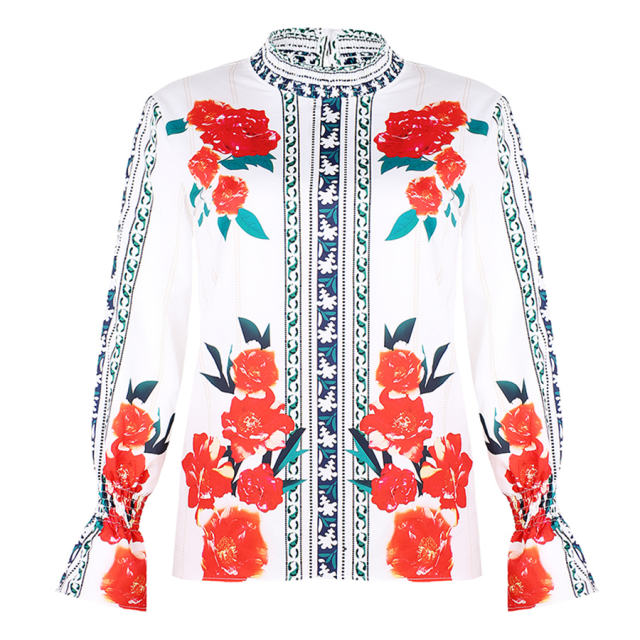 Lantern Sleeve Shirt For Women Stand Collar Floral Printed Tops PQOM9101A