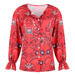 V-neck Chiffon Blouses Sexy Print Long-sleeved Shirts PQOM9106A