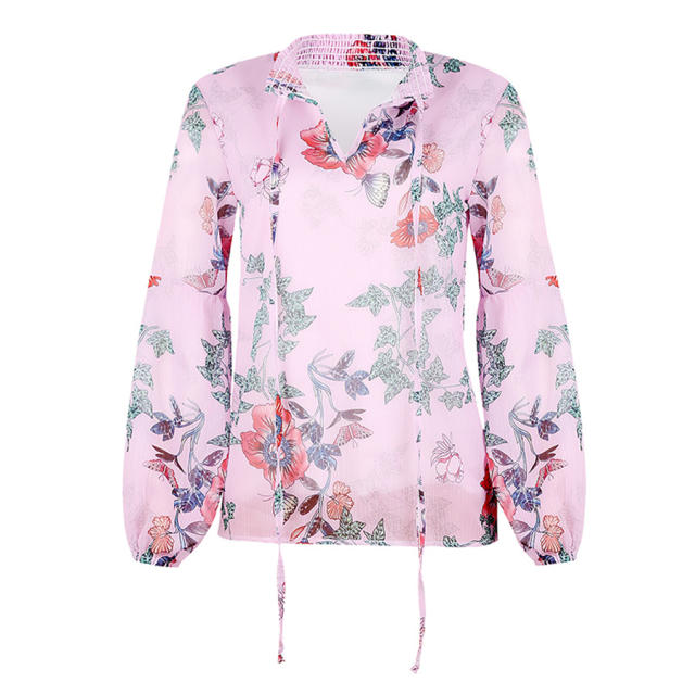 Loose Long Sleeve Tops Floral Printed Chiffon Shirt PQOM9118