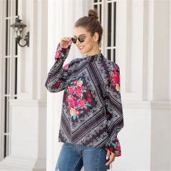 Lantern Sleeve Shirt For Women Stand Collar Floral Printed Tops PQOM9101A