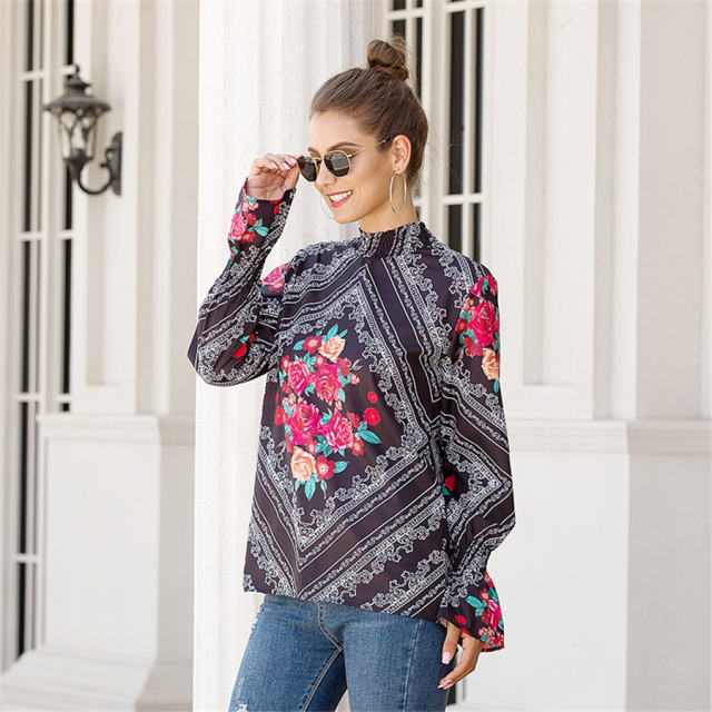 Lantern Sleeve Shirt For Women Stand Collar Floral Printed Tops PQOM9101A