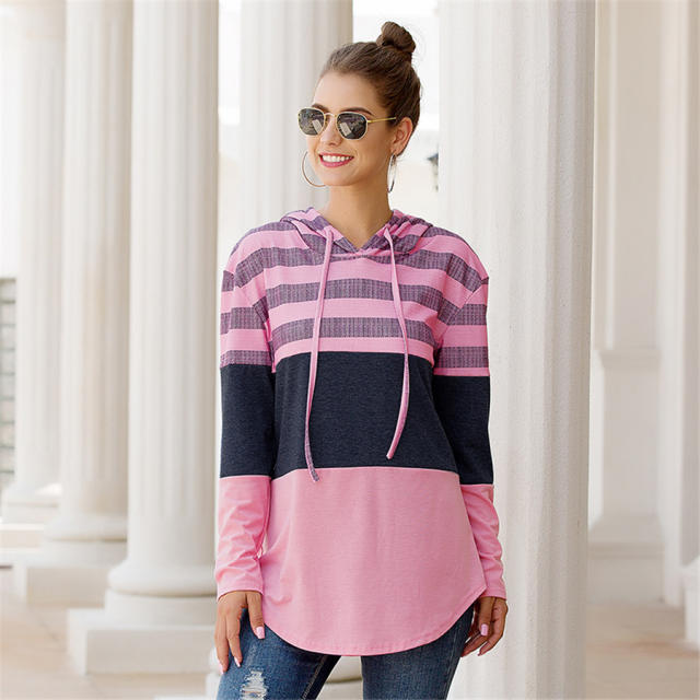 Autumn Casual Loose Hoodies Long-sleeved Striped Printed Tops PQOM9113C