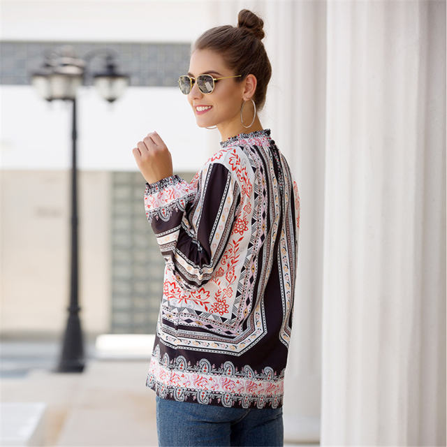 Autumn Retro Tops for Women Loose Long-sleeved Ethnic Printed Shirt PQOM9102