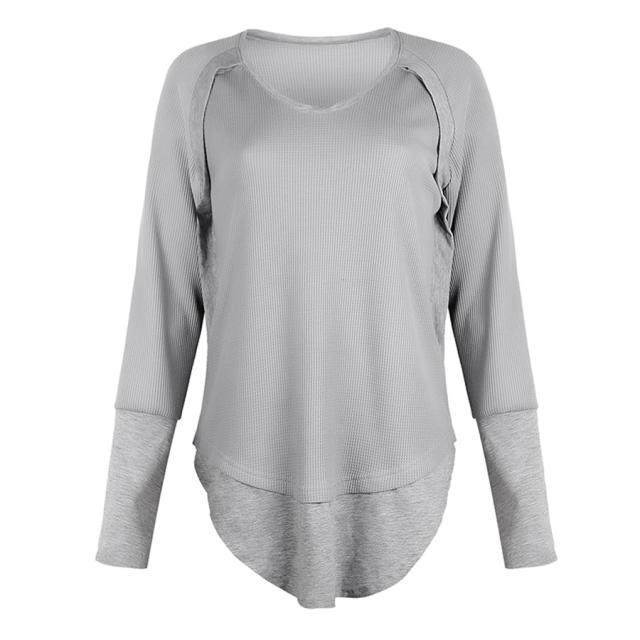 Solid Color V-neck Autumn Tops Long Sleeve Casual T-shirts PQOM9112