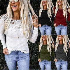 Lace Patchwork Autumn T-shirts Slim Solid Color Sexy Tops PQOM9168