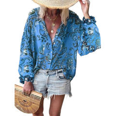 Long-sleeved Sexy Print Shirts Autumn V-neck Chiffon Blouses PQOM9106B