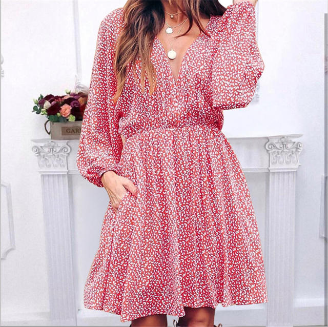 Long Sleeve Autumn Casual Dress V-neck Print Dress PQOM9121