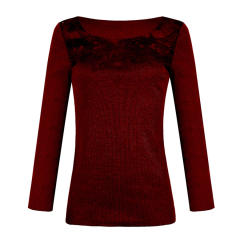 Lace Patchwork Autumn T-shirts Slim Solid Color Sexy Tops PQOM9168