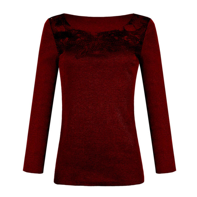 Lace Patchwork Autumn T-shirts Slim Solid Color Sexy Tops PQOM9168